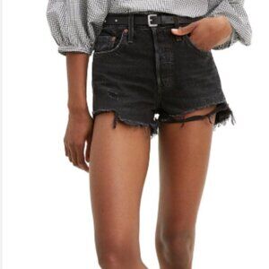 Levi’s 501 Premium Black Denim Shorts Size 30 Raw Hem Button Fly 100% Cotton EUC